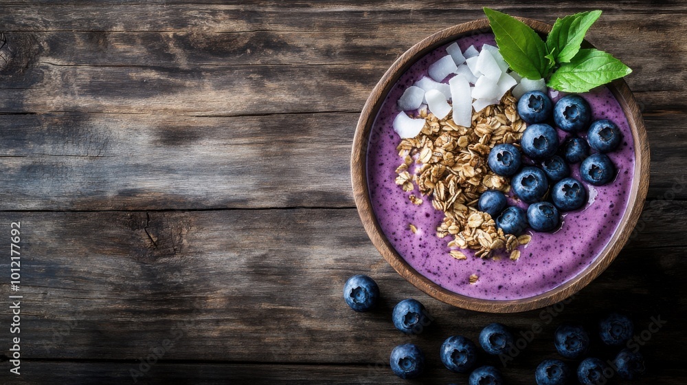 A rustic scene featuring a smoothie bowl with granola, fresh blueberries, and coconut, with space for copy on a wooden table. A rustic scene featuring a smoothie bowl with granola, fresh blueberries, and coconut, with space for copy on a wooden table.