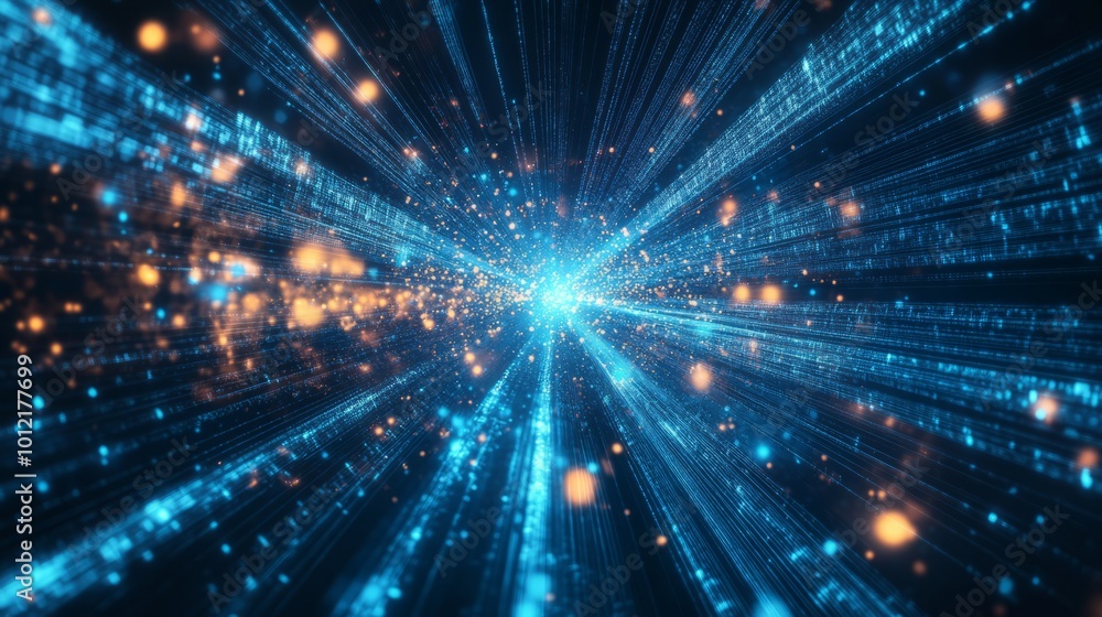 Obraz premium A futuristic design illustrating rapid data movement with glowing rays and dynamic explosions, capturing the essence of space travel