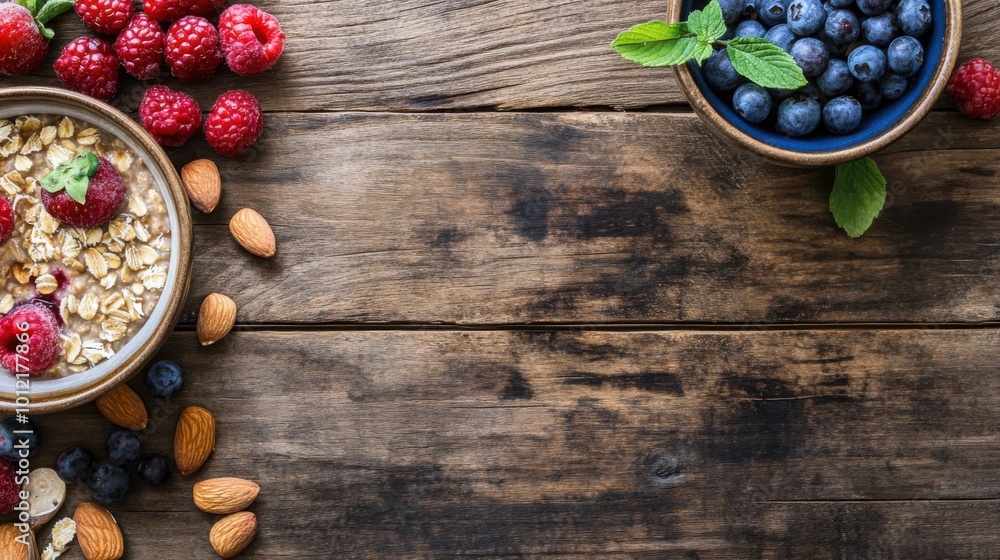 A rustic setting with overnight oats, fresh berries, and almonds on a wooden table, with ample space for a health-focused copy. A rustic setting with overnight oats, fresh berries, and almonds on a wooden table, with ample space for a health-focused copy.