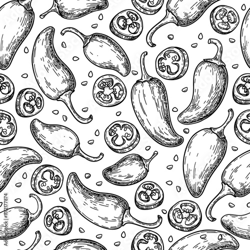 Jalapeno pepper seamless pattern drawing. Hand drawn food background.
