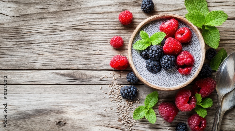 A rustic breakfast scene featuring chia pudding, fresh berries, and mint leaves on a wooden background, leaving space for text or branding. A rustic breakfast scene featuring chia pudding, fresh berries, and mint leaves on a wooden background, leaving space for text or branding.