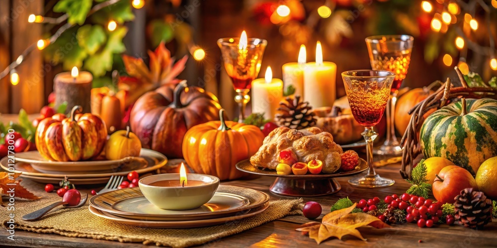 Naklejka premium Elegant Thanksgiving Table Setting with Autumn Decor, Seasonal Dishes, and Warm Ambient Lighting