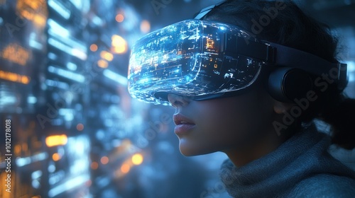 A young woman wearing a virtual reality headset, exploring a futuristic digital world.