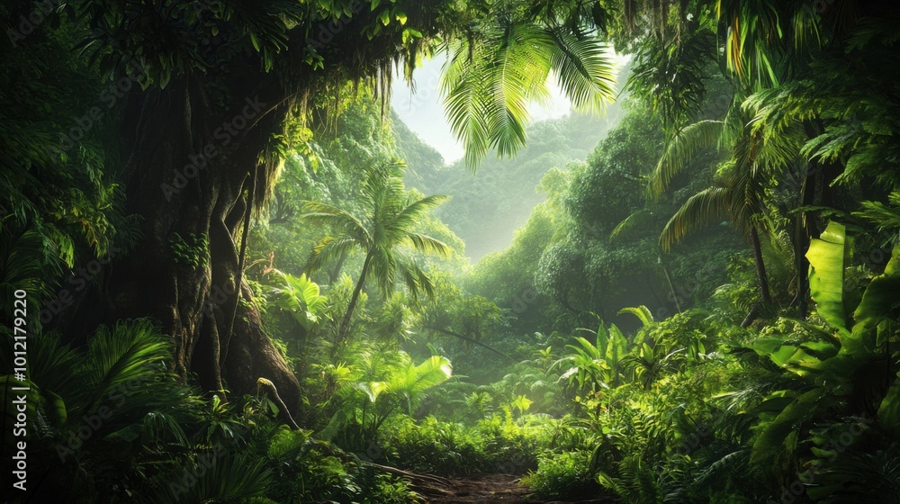 A lush tropical rainforest with towering trees, thick vines, and vibrant green foliage, the air humid and filled with the sound of wildlife. A lush tropical rainforest with towering trees, thick vines, and vibrant green foliage, the air humid and filled with the sound of wildlife.