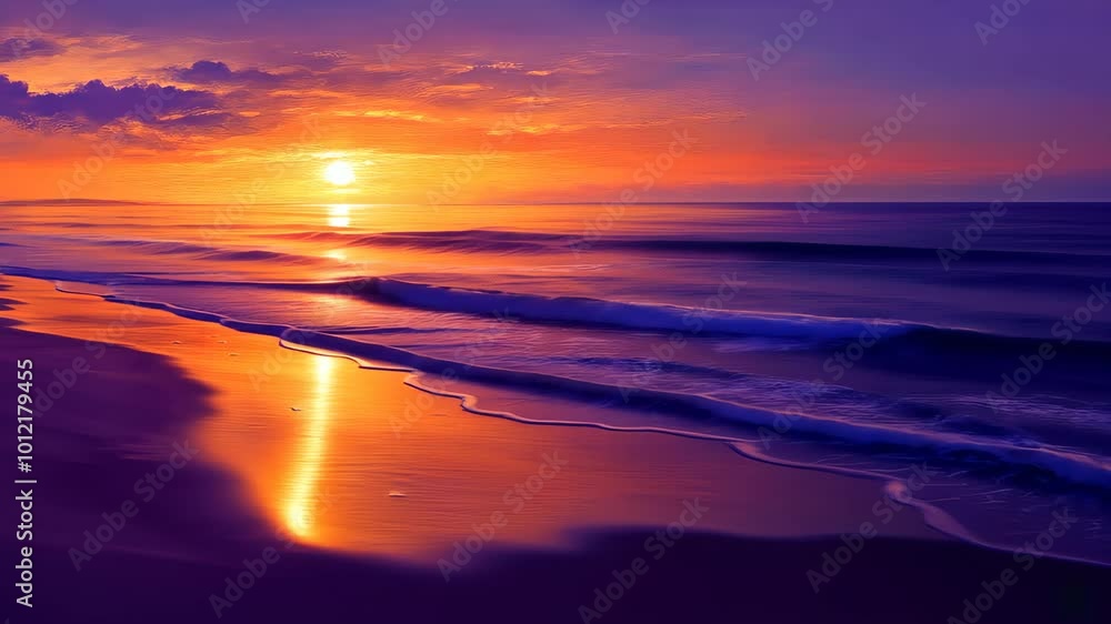 Sunset over tranquil ocean waves, vibrant colors. Serene nature and relaxation concept Sunset over tranquil ocean waves, vibrant colors. Serene nature and relaxation concept