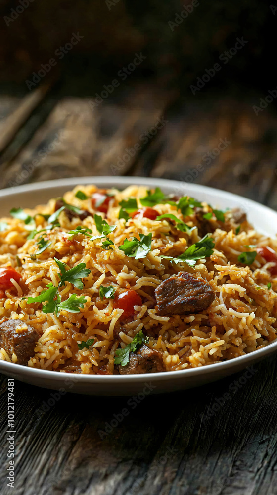 Delicious lamb and rice dish is served on a rustic wooden table, topped with fresh herbs and tomatoes for added flavor Delicious lamb and rice dish is served on a rustic wooden table, topped with fresh herbs and tomatoes for added flavor