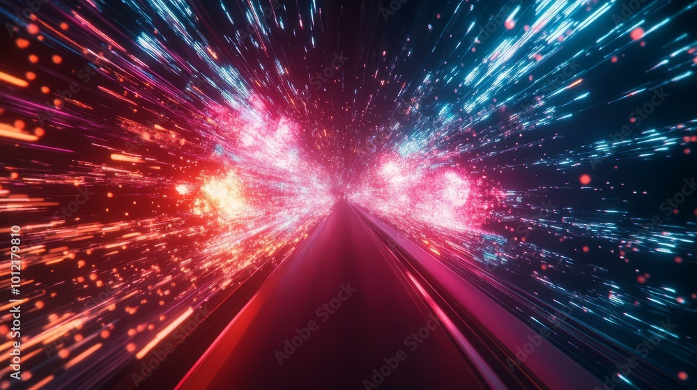 Naklejka premium A futuristic design illustrating rapid data movement with glowing rays and dynamic explosions, capturing the essence of space travel