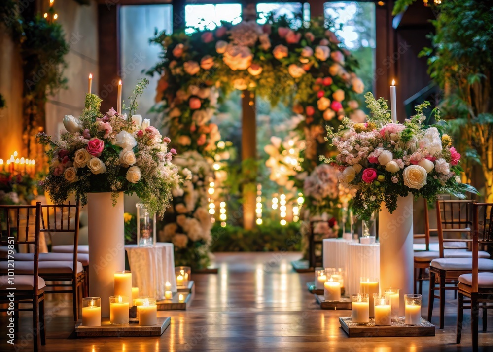 Elegant wedding ceremony setup with floral arrangements, candles, and beautifully decorated venue Elegant wedding ceremony setup with floral arrangements, candles, and beautifully decorated venue