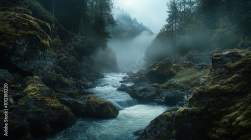 A serene mountain river, its waters slowed to a trickle, gently flowing between moss-covered rocks under a foggy morning sky. photo