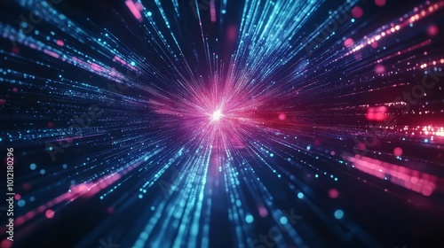 A futuristic design illustrating rapid data movement with glowing rays and dynamic explosions, capturing the essence of space travel