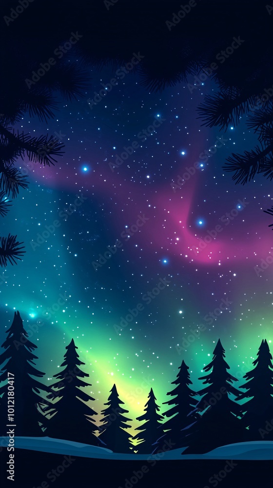 Naklejka premium the northern lights and stars in silhouette against an aurora-filled sky, with silhouettes of pine trees covered with snow in the lower left corners. 