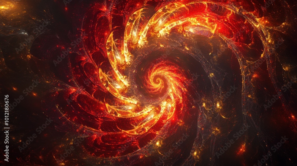 Obraz premium Abstract fractal design with glowing red and gold patterns swirling inward, creating a hypnotic and luxurious visual effect.