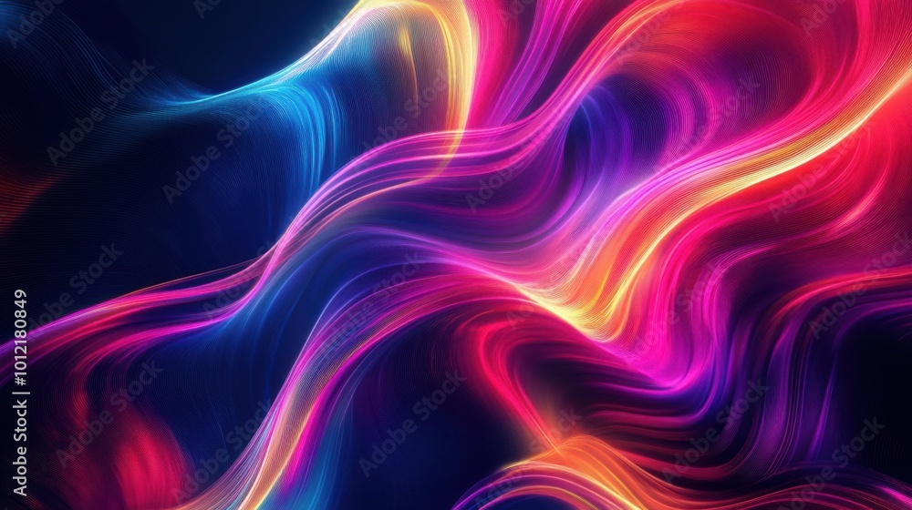 Abstract design with vibrant flowing lines in neon colors, creating a futuristic and energetic visual effect against a dark background. Abstract design with vibrant flowing lines in neon colors, creating a futuristic and energetic visual effect against a dark background.