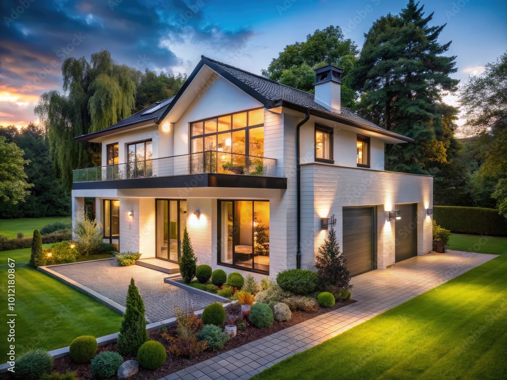 Elegant White Brick Modern House with Large Windows Surrounded by Lush Green Landscaping and Trees Elegant White Brick Modern House with Large Windows Surrounded by Lush Green Landscaping and Trees
