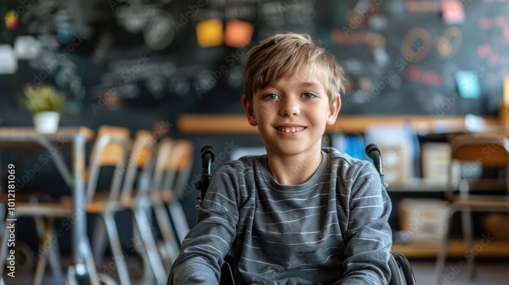 A little boy student in a wheelchair looks straight at the camera with a bright smile while positioned against a classroom backdrop with a chalkboard and classroom supplies. A little boy student in a wheelchair looks straight at the camera with a bright smile while positioned against a classroom backdrop with a chalkboard and classroom supplies.