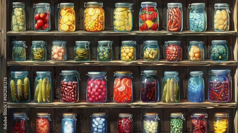 Colorful jars of preserved fruits and vegetables on shelves Colorful jars of preserved fruits and vegetables on shelves