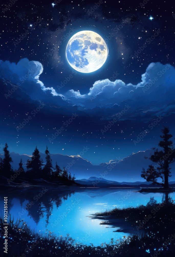 Fototapeta premium captivating night sky luminous moon glow illuminating stars clouds creating serene daydream atmosphere, illumination, radiance, brilliance, moonlight