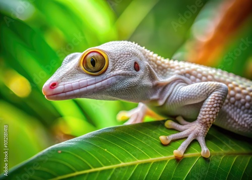 Elegant White Gecko Lizard Perched on a Leaf Against a Natural Background in Bright Daylight