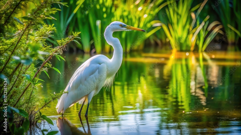 Fototapeta premium Elegant White Heron Bird Standing Gracefully Amidst Lush Greenery by Tranquil Water's Edge