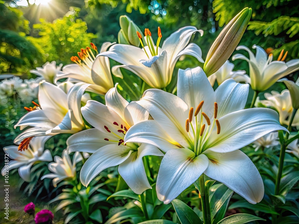 Obraz premium Elegant White Lilies Blooming in a Serene Garden Setting with Soft Natural Lighting and Greenery