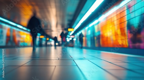 Abstract blurred figures in a colorful subway station, the vibrant signage and advertisements glowing in soft focus.