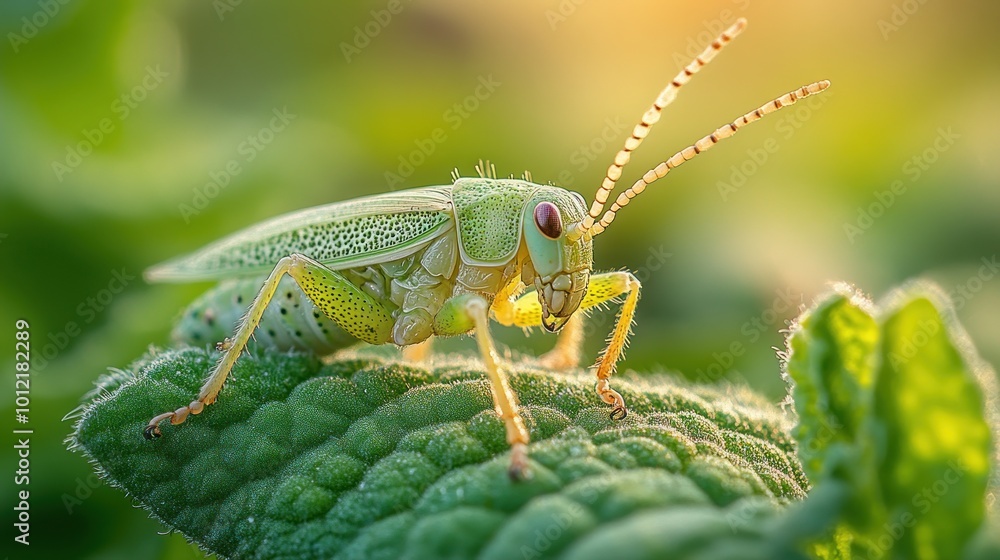 A green grasshopper sits on a leaf with a blurred background of green foliage and golden sunlight. A green grasshopper sits on a leaf with a blurred background of green foliage and golden sunlight.