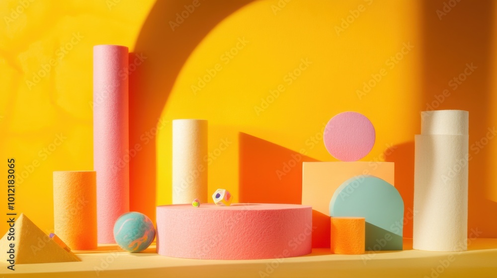A playful podium setup with colorful blocks and felt materials, highlighted by vibrant orange light, surrounded by abstract toys on a bright yellow backdrop. A playful podium setup with colorful blocks and felt materials, highlighted by vibrant orange light, surrounded by abstract toys on a bright yellow backdrop.