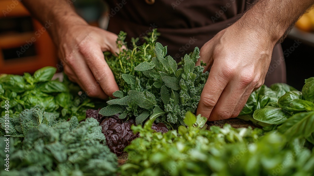 A chef's hands carefully selecting fresh herbs from a selection of different types, including basil, thyme, sage, and mint, for a culinary creation. A chef's hands carefully selecting fresh herbs from a selection of different types, including basil, thyme, sage, and mint, for a culinary creation.