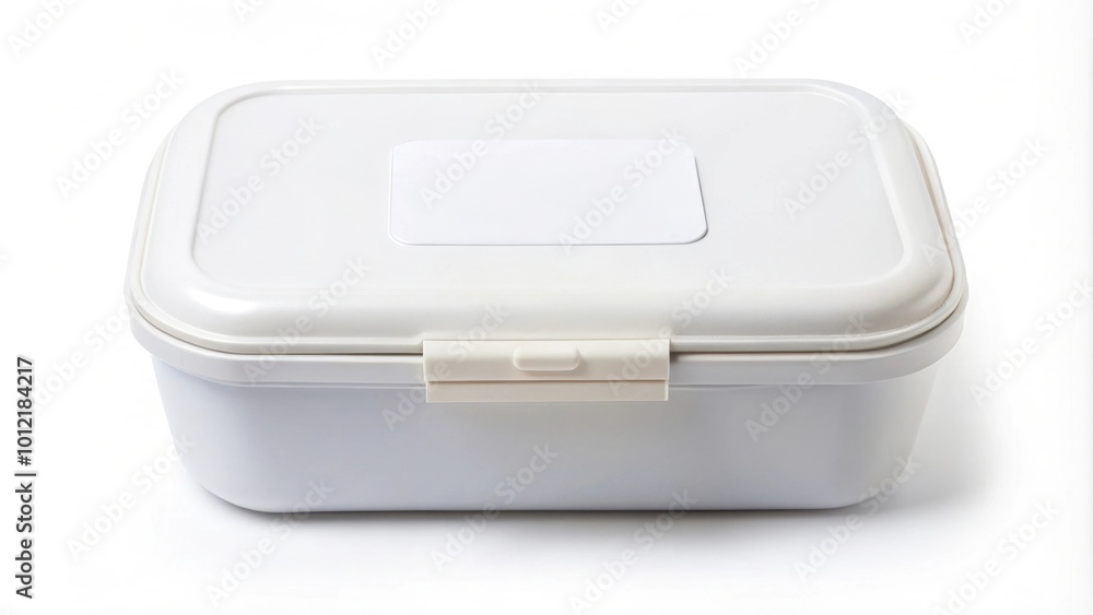 White lunch box with blank paper label isolated rendering Close-Up White lunch box with blank paper label isolated rendering Close-Up