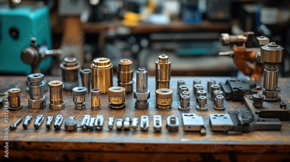 A variety of metal tools and parts laid out on a workbench. A variety of metal tools and parts laid out on a workbench.