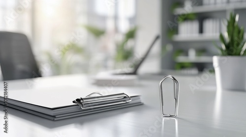 A silver paperclip holding a lender's title insurance policy together, with a bright and modern office environment softly blurred in the background.