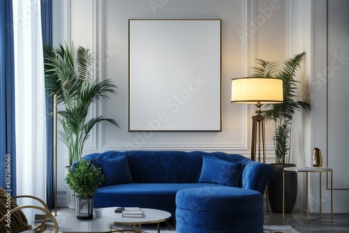 A large white blank painting or print mockup on a wall in a lounge room above a blue sofa, indoor plants and a lamp.