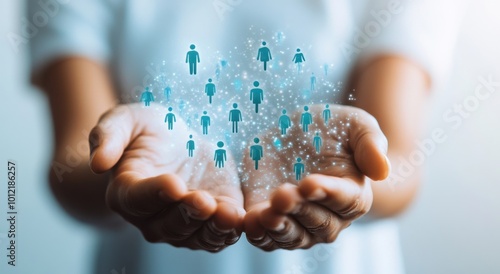 A person holding out their hands, with various blue icons of people floating above them The background is blurred and white to emphasize the focus on human connections in business Generative AI