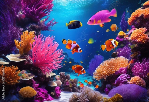 captivating underwater scene showcasing vibrant marine life diverse coral reefs exotic fish species crystal clear ocean environment, aquatic, adventure photo