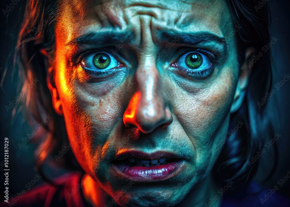 Emotion of Fear Captured in a Close-Up of a Face Expressing Anxiety and Concern in a Dark Setting Emotion of Fear Captured in a Close-Up of a Face Expressing Anxiety and Concern in a Dark Setting