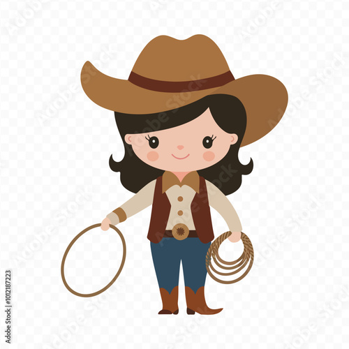 A girl in a cowboy, cowgirl hat with a cow and a horse