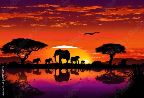 vivid silhouettes wildlife under radiant sunset over savanna rich colors dazzling background, animal, horizon, landscape, nature, shadow, tree, grass, sky