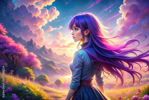 Enchanting Anime Girl with Flowing Purple Hair in a Dreamy Fantasy Landscape Full of Colorful Vibes