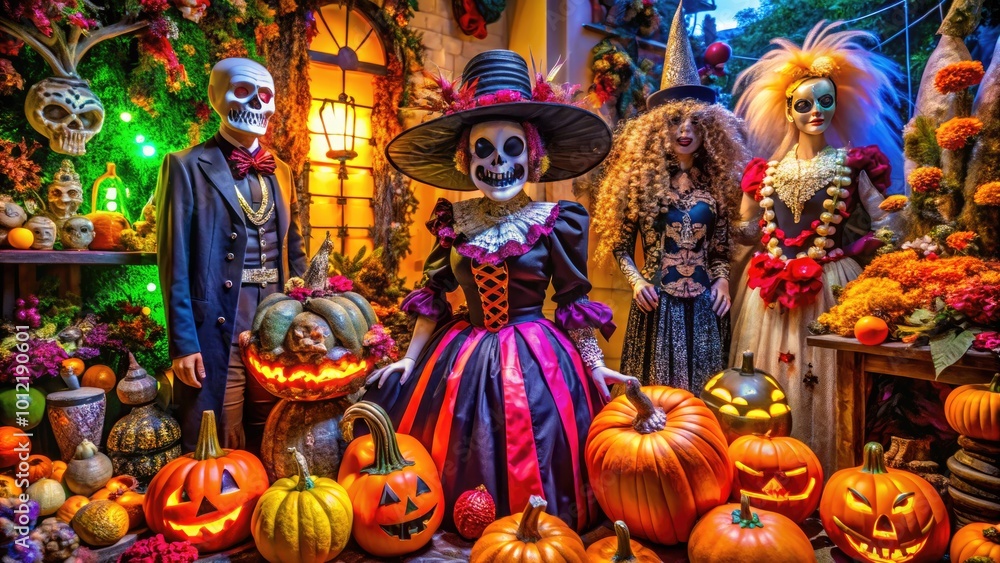 Enchanting Halloween Costume Display with Themed Props and Accessories for Festive Celebrations Enchanting Halloween Costume Display with Themed Props and Accessories for Festive Celebrations