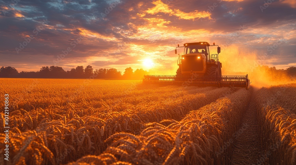 Fototapeta premium A tractor harvests wheat in a golden field at sunset.