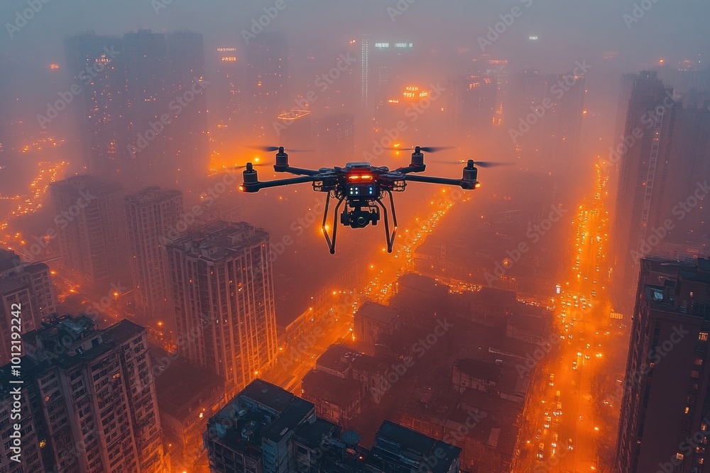 A drone flies over a city at night, illuminated by streetlights and buildings. A drone flies over a city at night, illuminated by streetlights and buildings.
