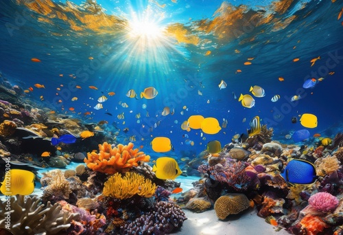 vibrant underwater ecosystems richly displaying colorful coral reefs diverse marine life crystal clear waters, aqua, fish, tropical, sea, ocean, wave, depth