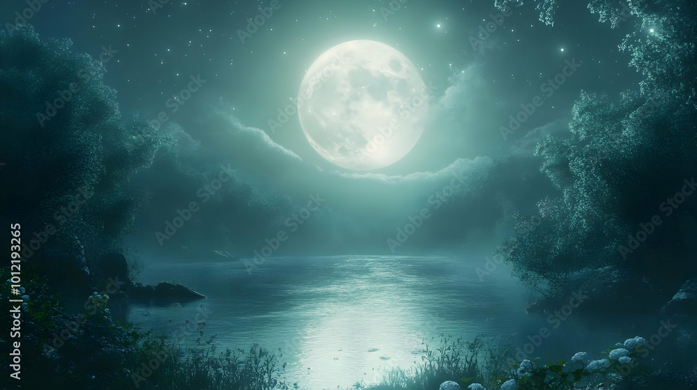 Nighttime Lake with Full Moon and Stars Illustration Nighttime Lake with Full Moon and Stars Illustration