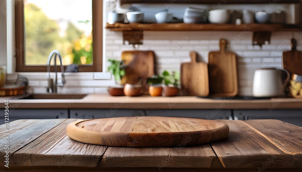 Beautiful wooden podium on a worn kitchen table with blurred background of herbs and utensils in natural light. Generative AI Beautiful wooden podium on a worn kitchen table with blurred background of herbs and utensils in natural light. Generative AI