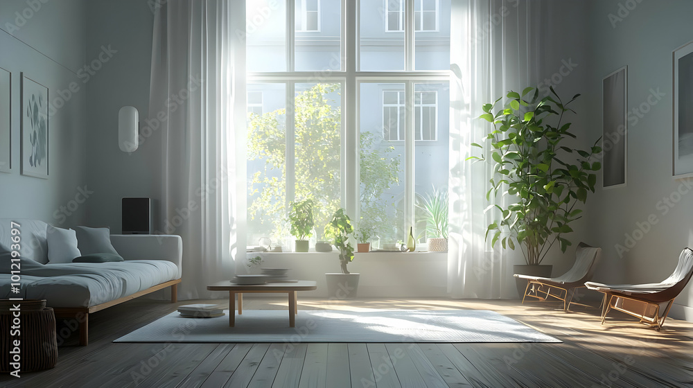 3D Rendering of a Modern Living Room with Large Window and Sunbeams 3D Rendering of a Modern Living Room with Large Window and Sunbeams
