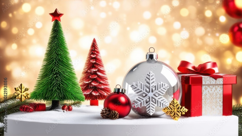 Christmas snow glass winter ball. Template round podium studio space for objects festive design. Realistic 3d elements, gift box, gold snowflake, Xmas green tree, bokeh lights Christmas snow glass winter ball. Template round podium studio space for objects festive design. Realistic 3d elements, gift box, gold snowflake, Xmas green tree, bokeh lights
