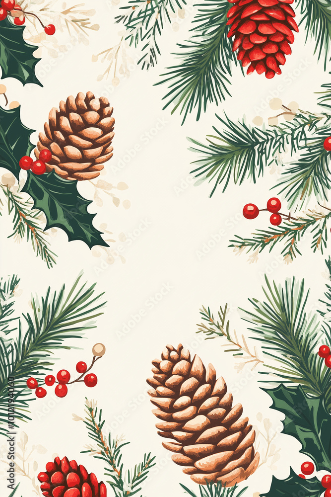 Fototapeta premium A festive Christmas pattern featuring pine cones, holly berries, and pine branches. Perfect for wrapping paper, fabric,