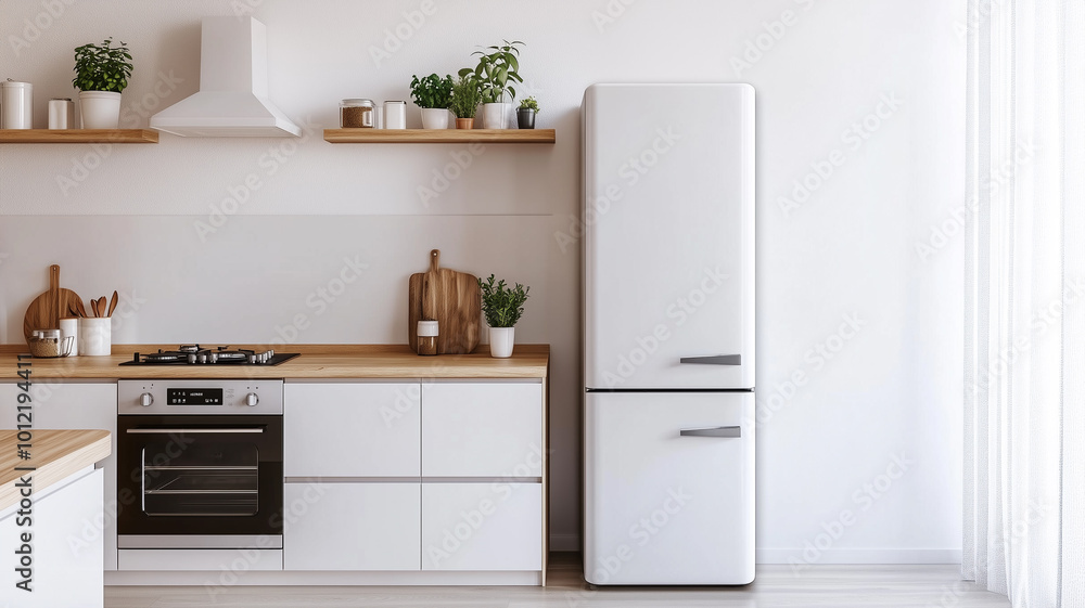 Fototapeta premium kitchen with modern design with white cabinetry, stainless steel appliances, and a large island.