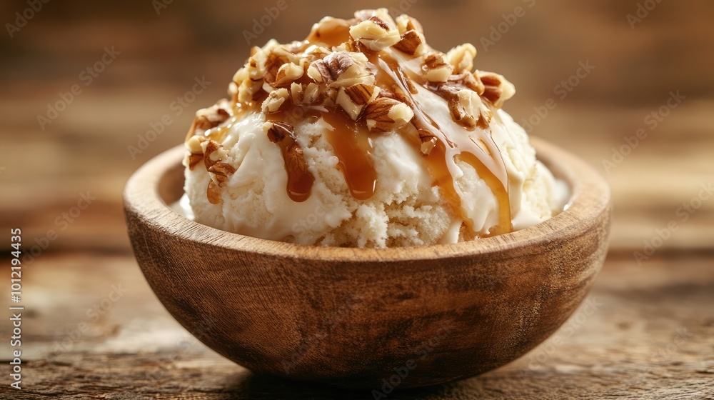 Close-Up of Creamy Ice Cream Scoop with Caramel Sauce and Nuts in Rustic Wooden Bowl Close-Up of Creamy Ice Cream Scoop with Caramel Sauce and Nuts in Rustic Wooden Bowl