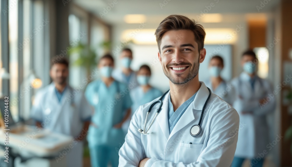 Fototapeta premium Confident Male Doctor in a Hospital Setting with Colleagues in the Background.